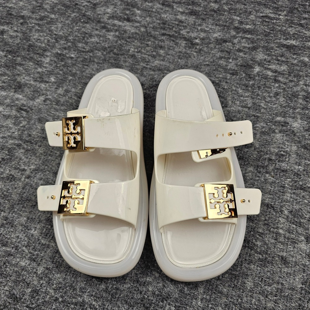 Tory Burch Buckle Bubble Jelly Slide Sandals Gold Logo New Ivory 8M - Picture 2 of 11